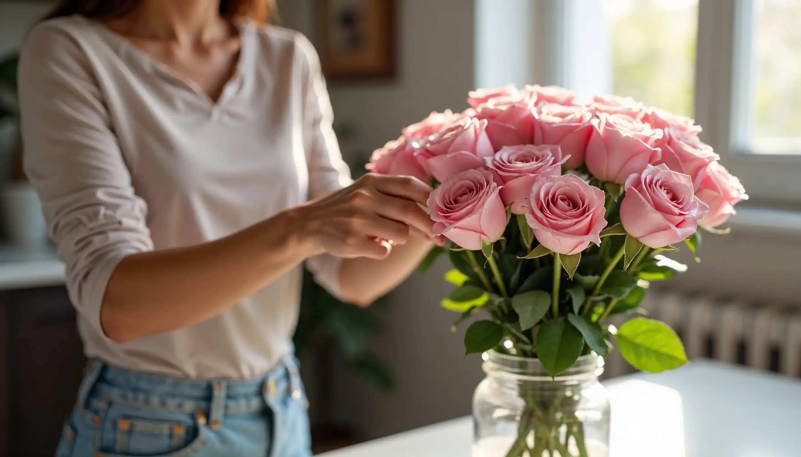 A florist arranging fresh pink roses